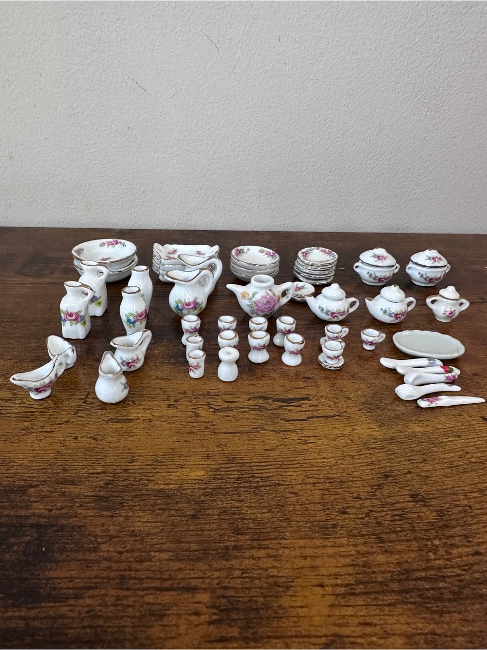 Vintage Miniature Porcelain Tea Set 50 Pc Dollhouse Dinnerware Chintz Rose